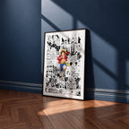 Monkey D. Luffy manga poster inspired by One Piece in a black frame against a navy blue wall