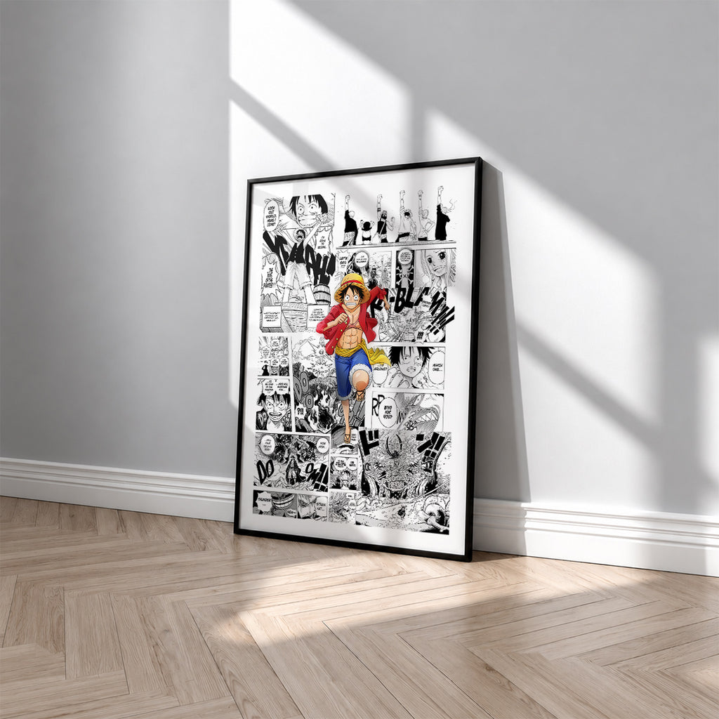 Monkey D. Luffy manga poster inspired by One Piece in a black frame against a light gray wall