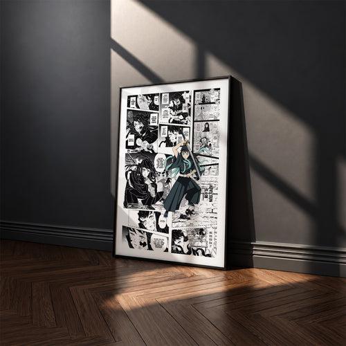Muichiro Tokito manga poster inspired by Demon Slayer in a black frame against a charcoal gray wall