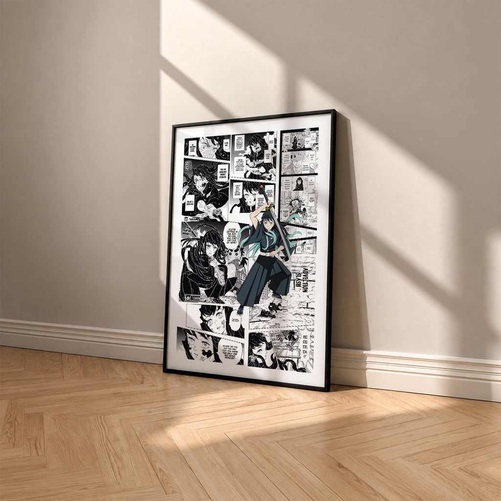 Muichiro Tokito manga poster inspired by Demon Slayer in a black frame against a warm beige wall