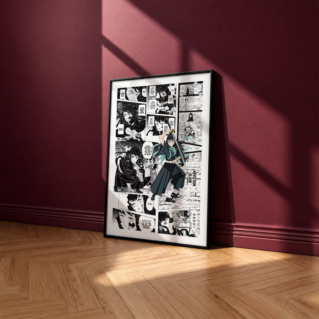 Muichiro Tokito manga poster inspired by Demon Slayer in a black frame against a burgundy wall