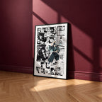 Muichiro Tokito manga poster inspired by Demon Slayer in a black frame against a burgundy wall