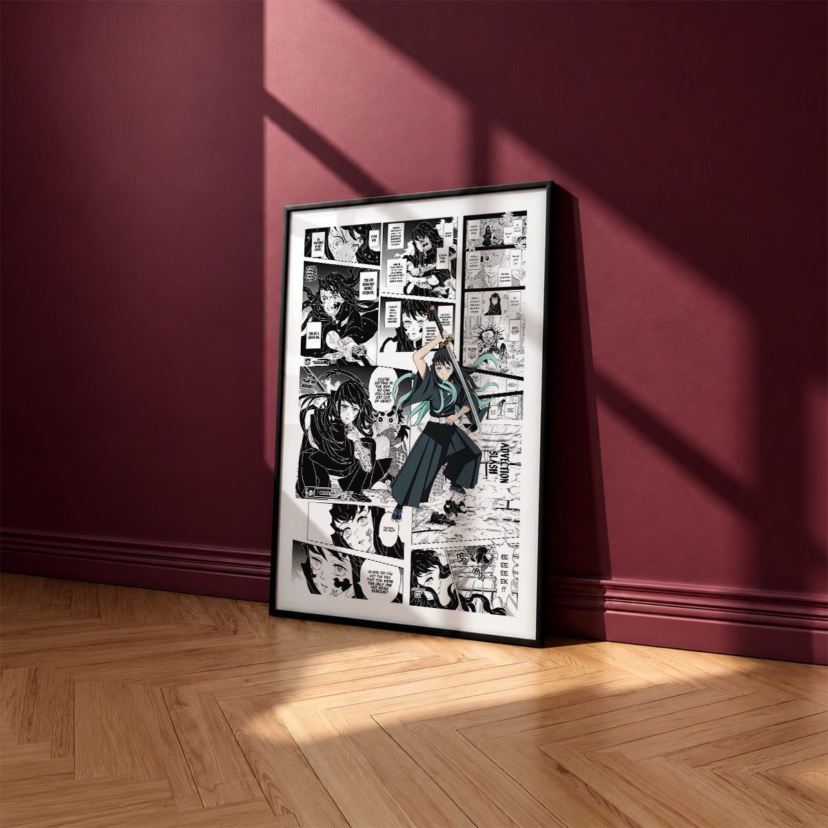 Muichiro Tokito manga poster inspired by Demon Slayer in a black frame against a burgundy wall
