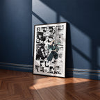 Muichiro Tokito manga poster inspired by Demon Slayer in a black frame against a navy blue wall