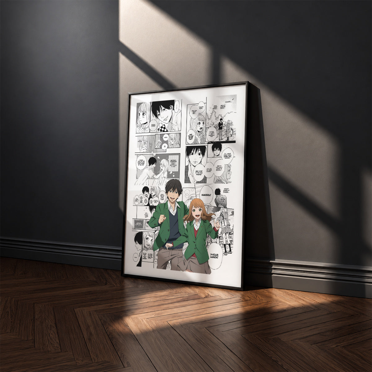 Naho Takamiya and Kakeru Naruse manga poster inspired by Orange in a black frame against a charcoal gray wall