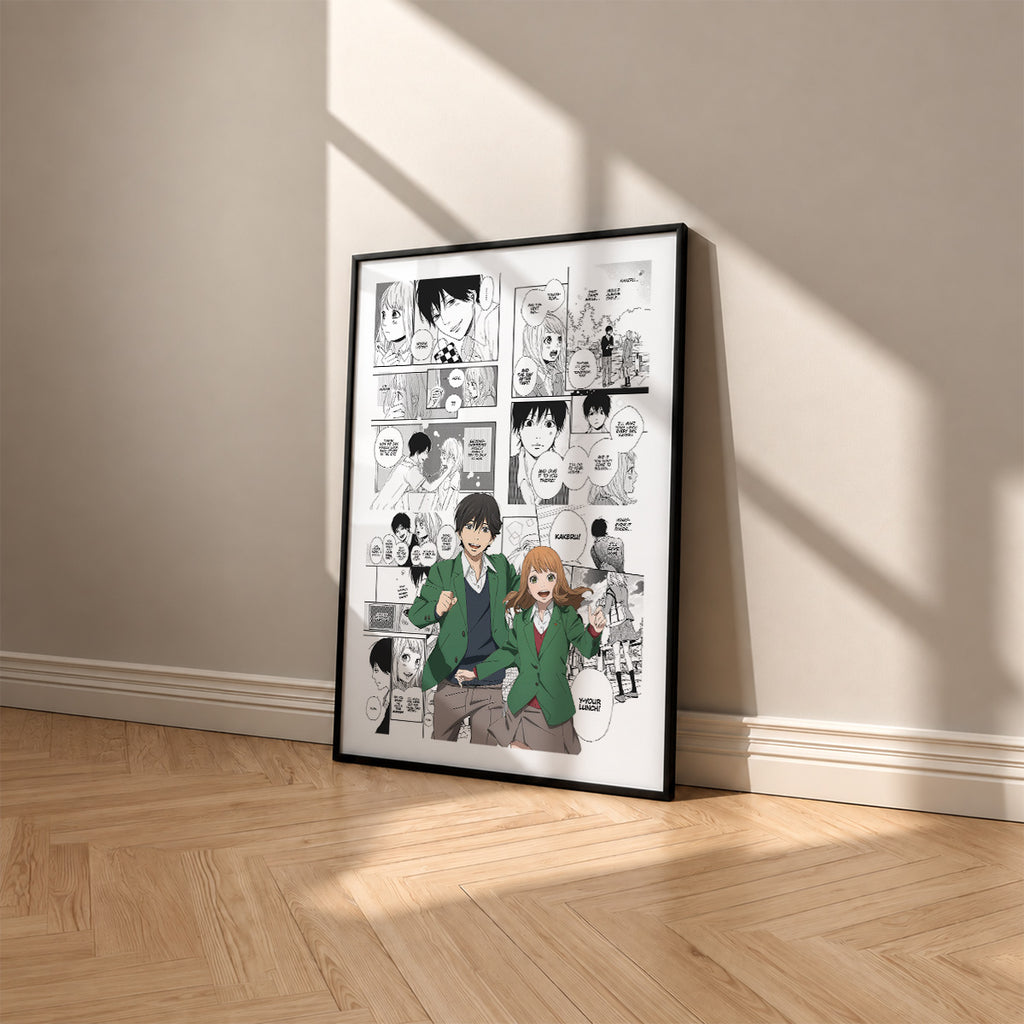 Naho Takamiya and Kakeru Naruse manga poster inspired by Orange in a black frame against a warm beige wall
