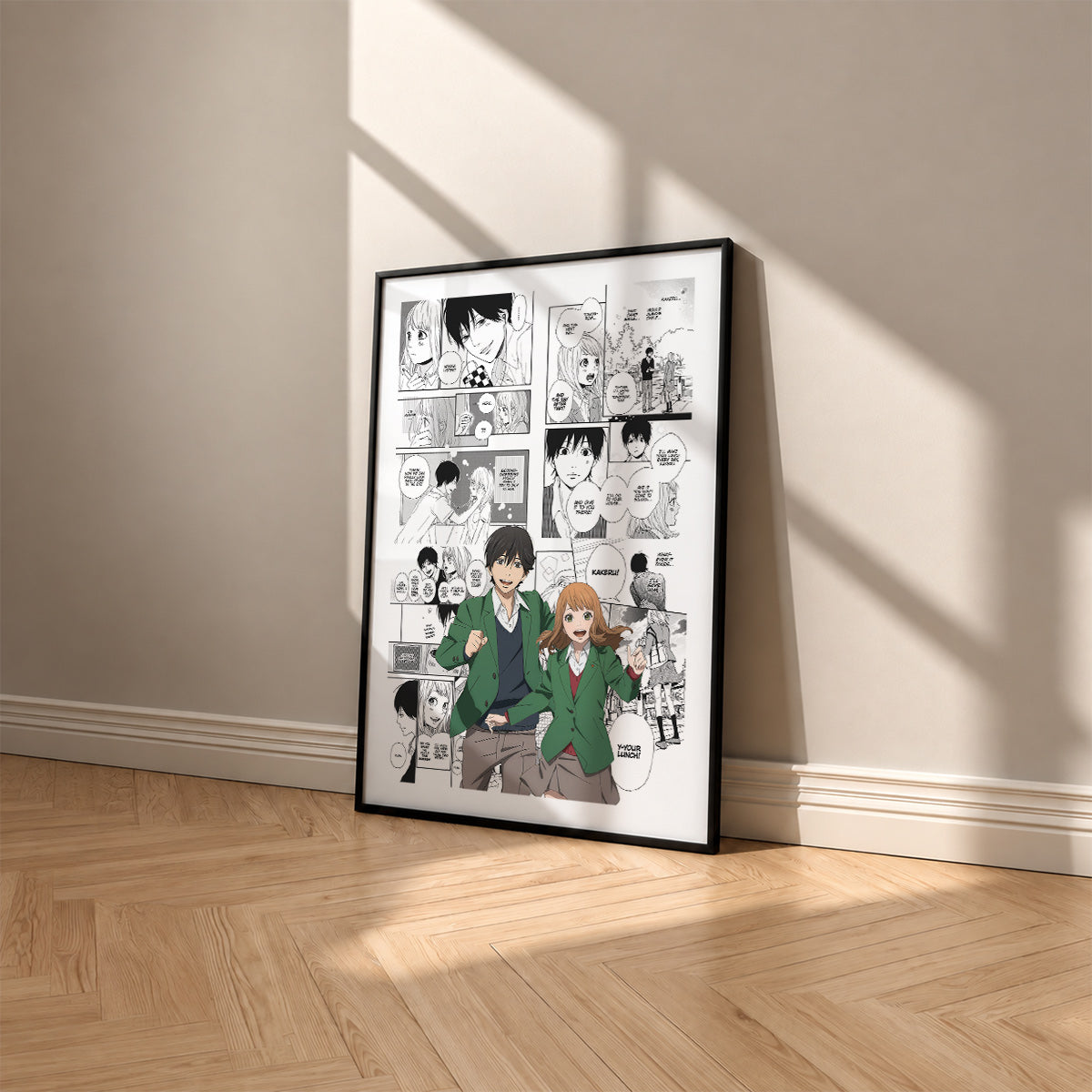 Naho Takamiya and Kakeru Naruse manga poster inspired by Orange in a black frame against a warm beige wall