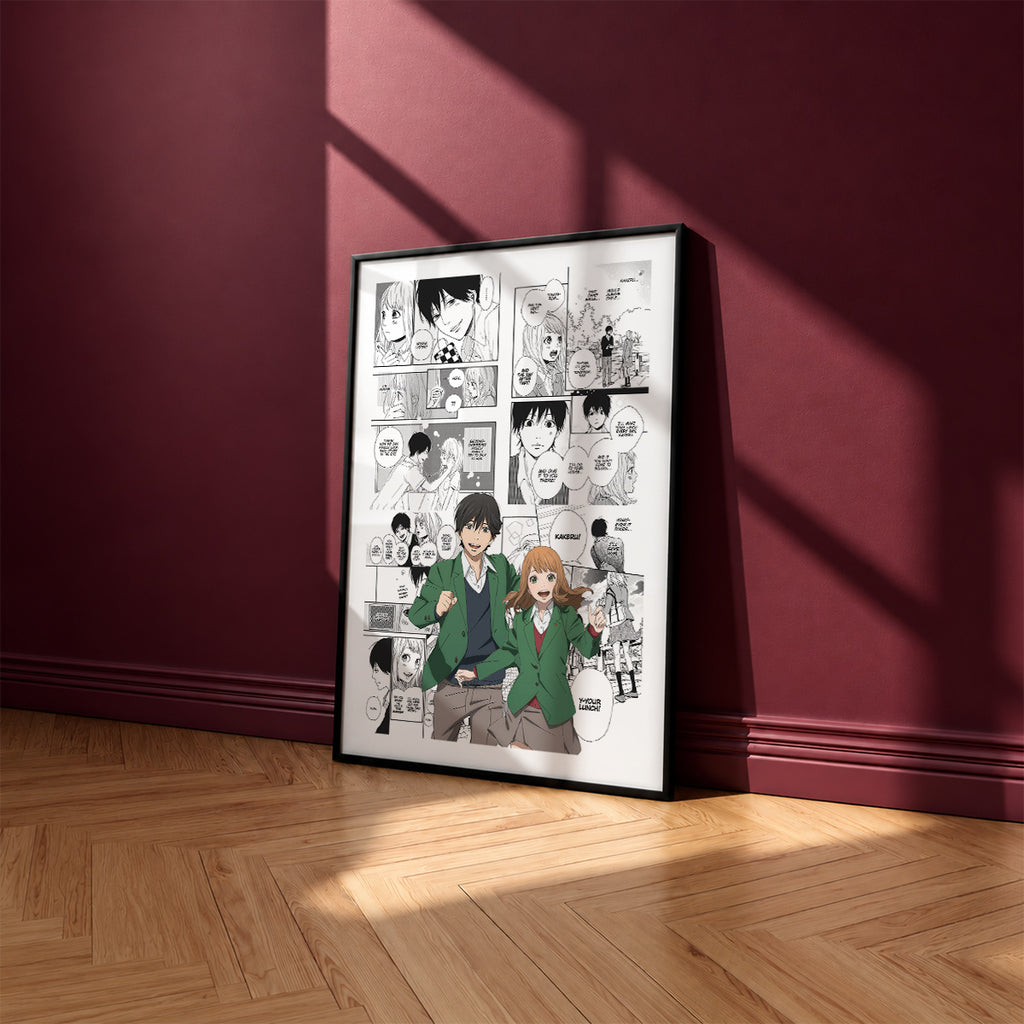 Naho Takamiya and Kakeru Naruse manga poster inspired by Orange in a black frame against a burgundy wall