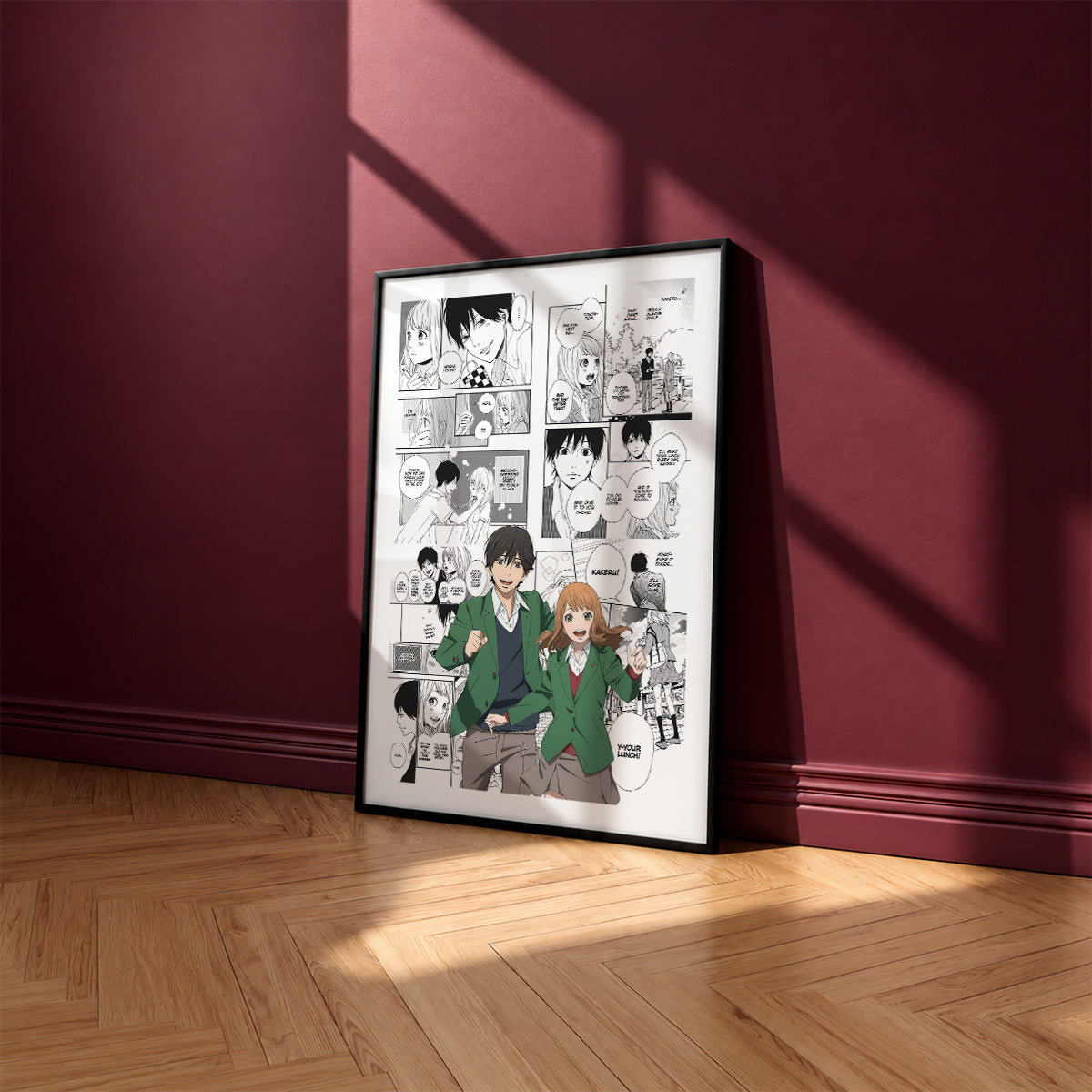 Naho Takamiya and Kakeru Naruse manga poster inspired by Orange in a black frame against a burgundy wall