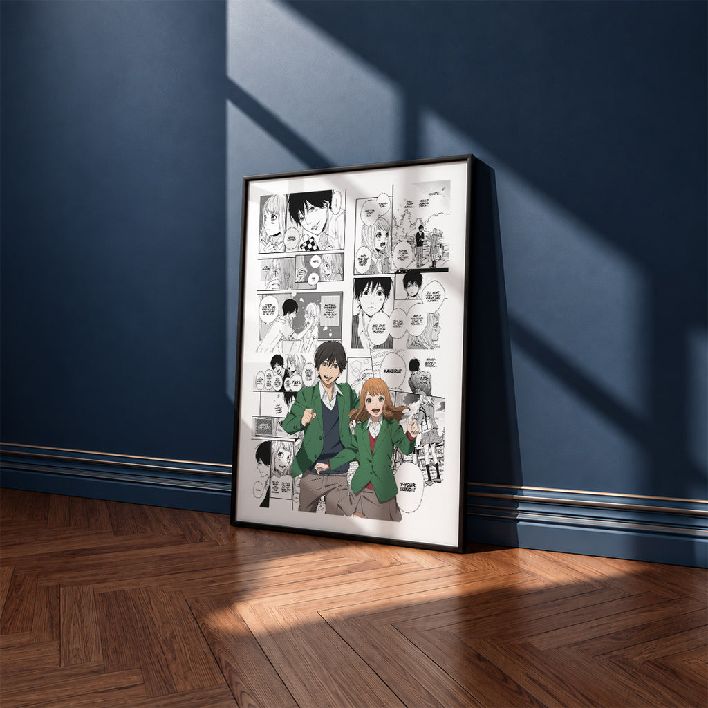 Naho Takamiya and Kakeru Naruse manga poster inspired by Orange in a black frame against a navy blue wall