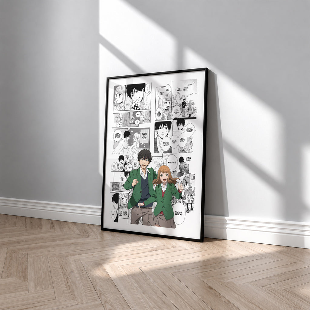 Naho Takamiya and Kakeru Naruse manga poster inspired by Orange in a black frame against a light gray wall