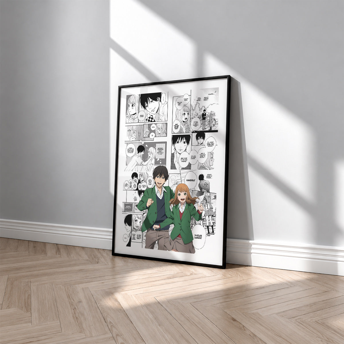 Naho Takamiya and Kakeru Naruse manga poster inspired by Orange in a black frame against a light gray wall
