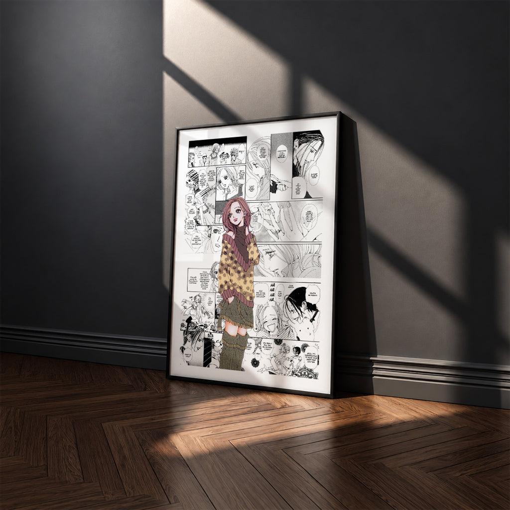 Nana Komatsu Hachi manga poster inspired by Nana in a black frame against a charcoal gray wall