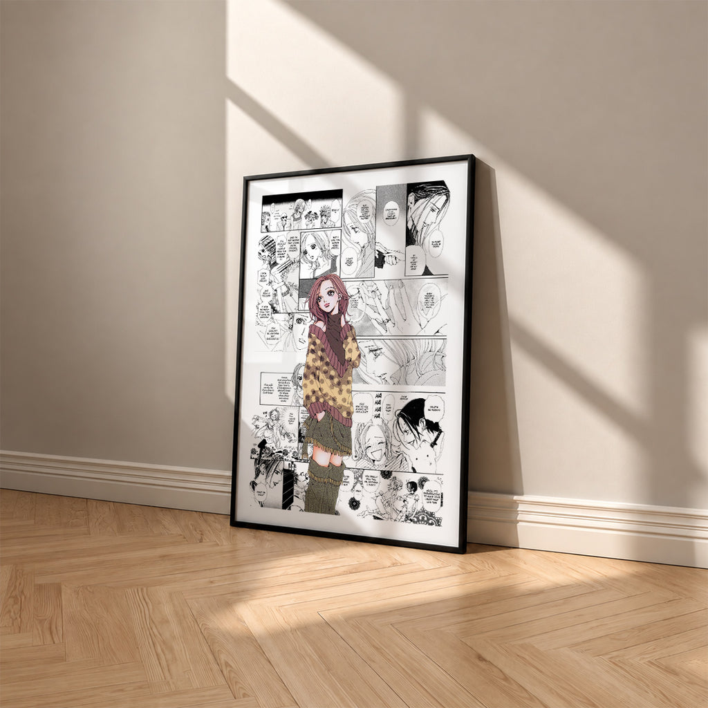 Nana Komatsu Hachi manga poster inspired by Nana in a black frame against a warm beige wall