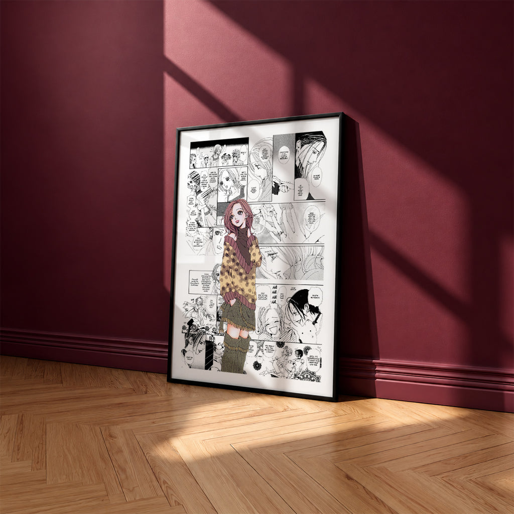 Nana Komatsu Hachi manga poster inspired by Nana in a black frame against a burgundy wall