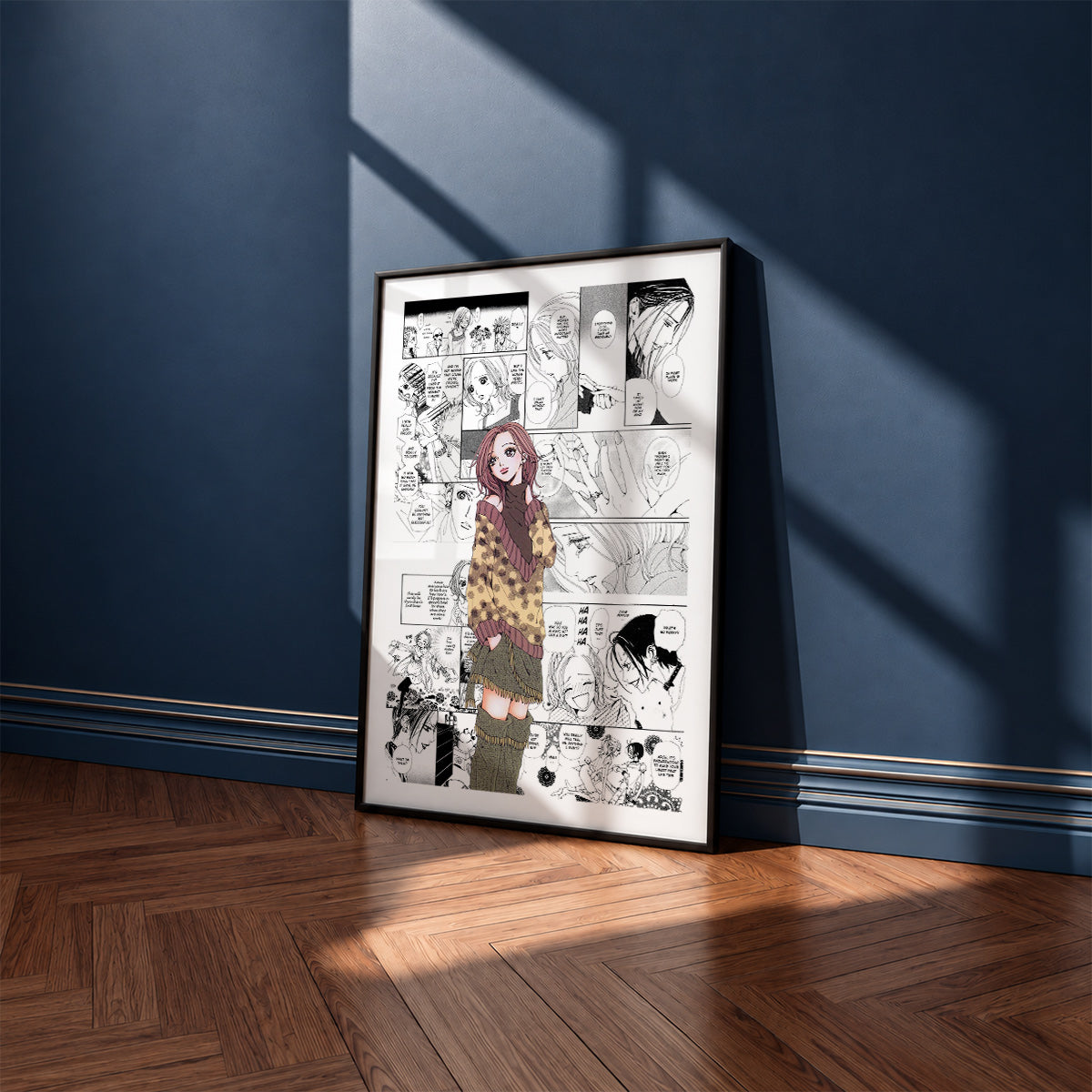 Nana Komatsu Hachi manga poster inspired by Nana in a black frame against a navy blue wall