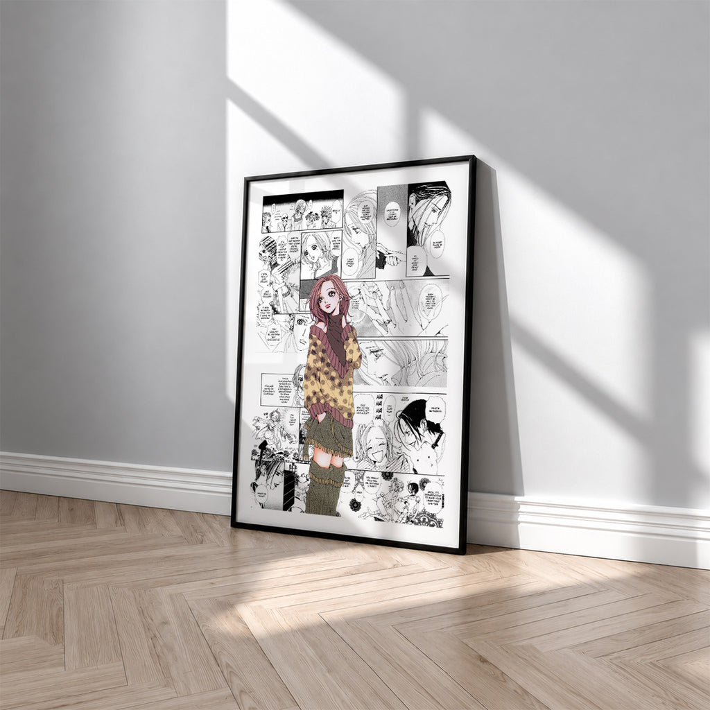 Nana Komatsu Hachi manga poster inspired by Nana in a black frame against a light gray wall