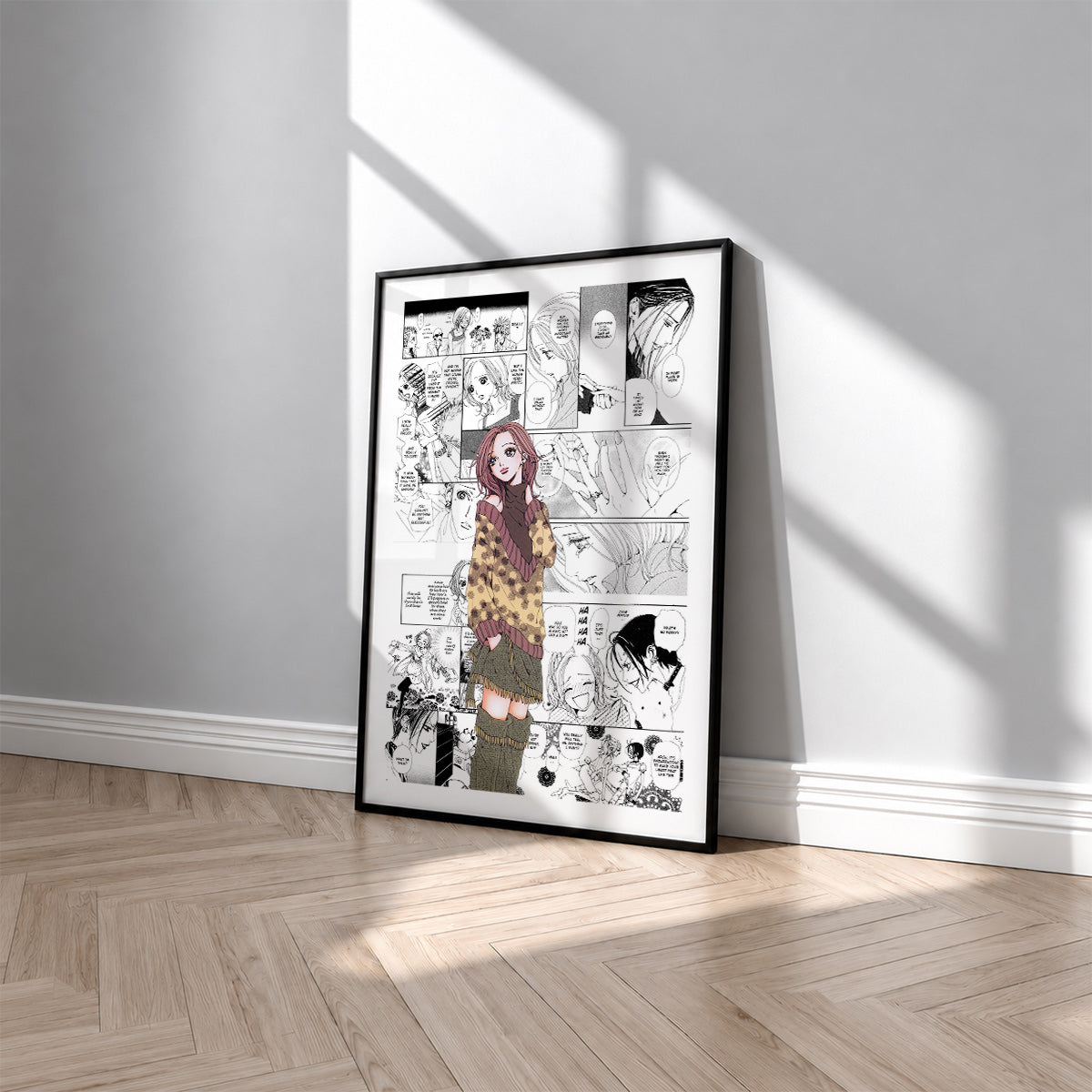 Nana Komatsu Hachi manga poster inspired by Nana in a black frame against a light gray wall