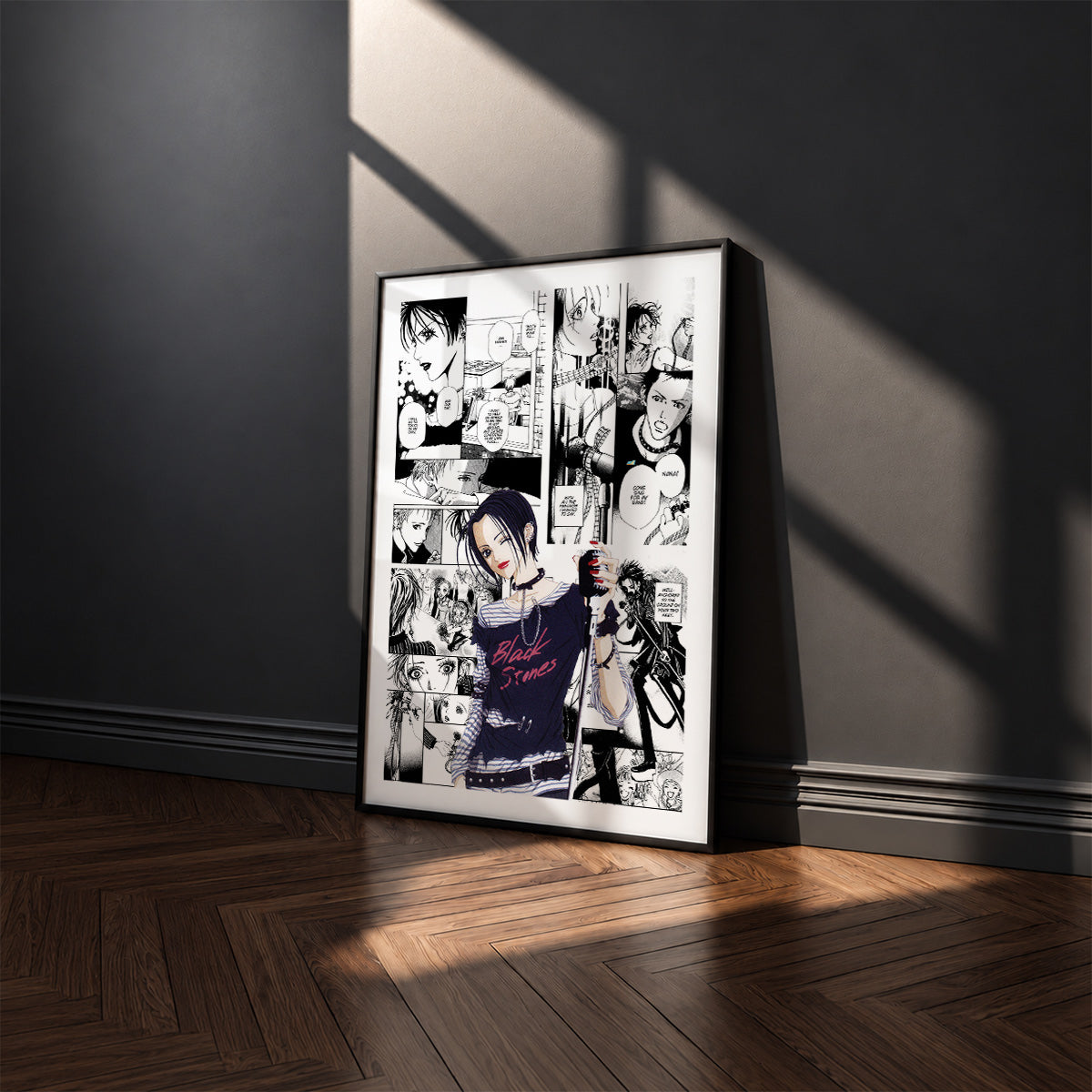 Nana Osaki manga poster inspired by Nana in a black frame against a charcoal gray wall