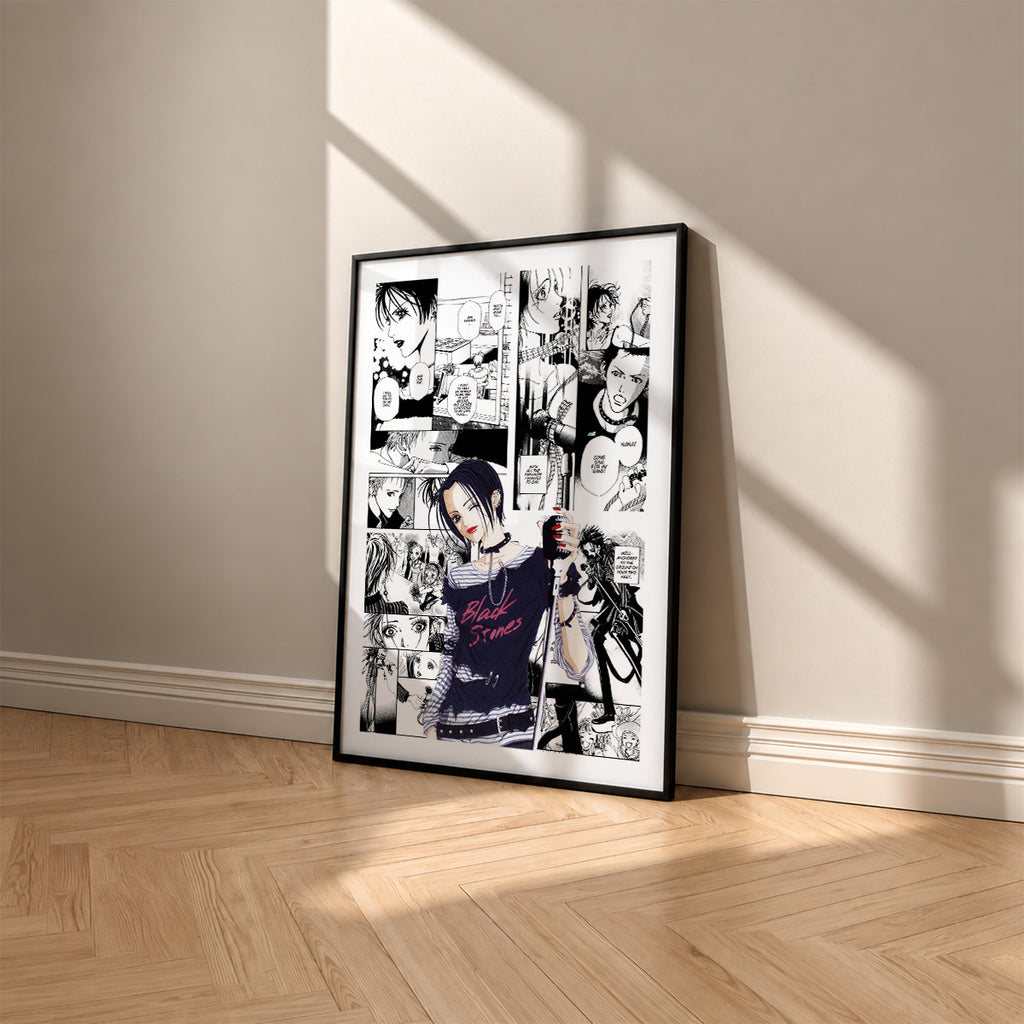 Nana Osaki manga poster inspired by Nana in a black frame against a warm beige wall
