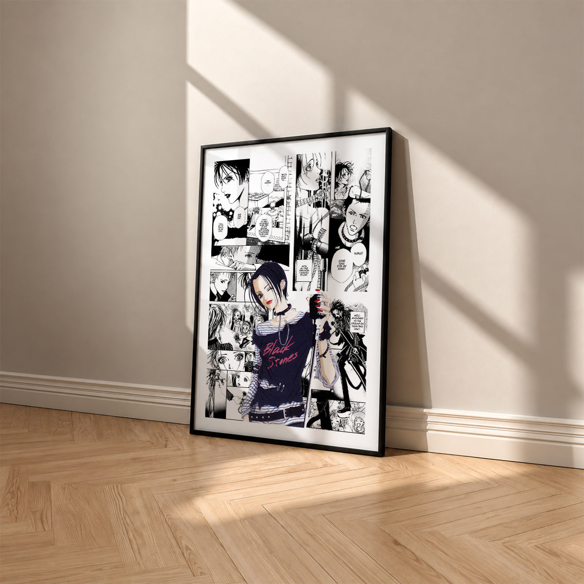 Nana Osaki manga poster inspired by Nana in a black frame against a warm beige wall
