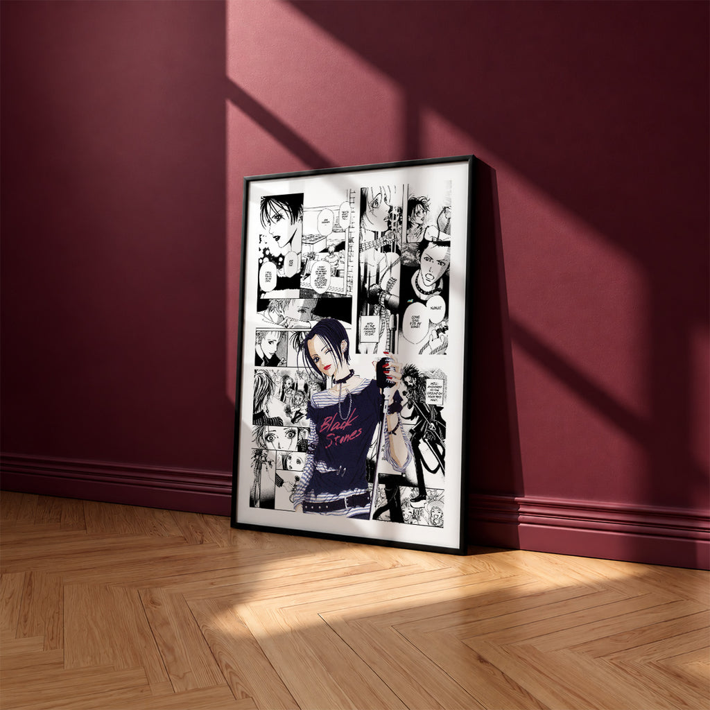Nana Osaki manga poster inspired by Nana in a black frame against a burgundy wall