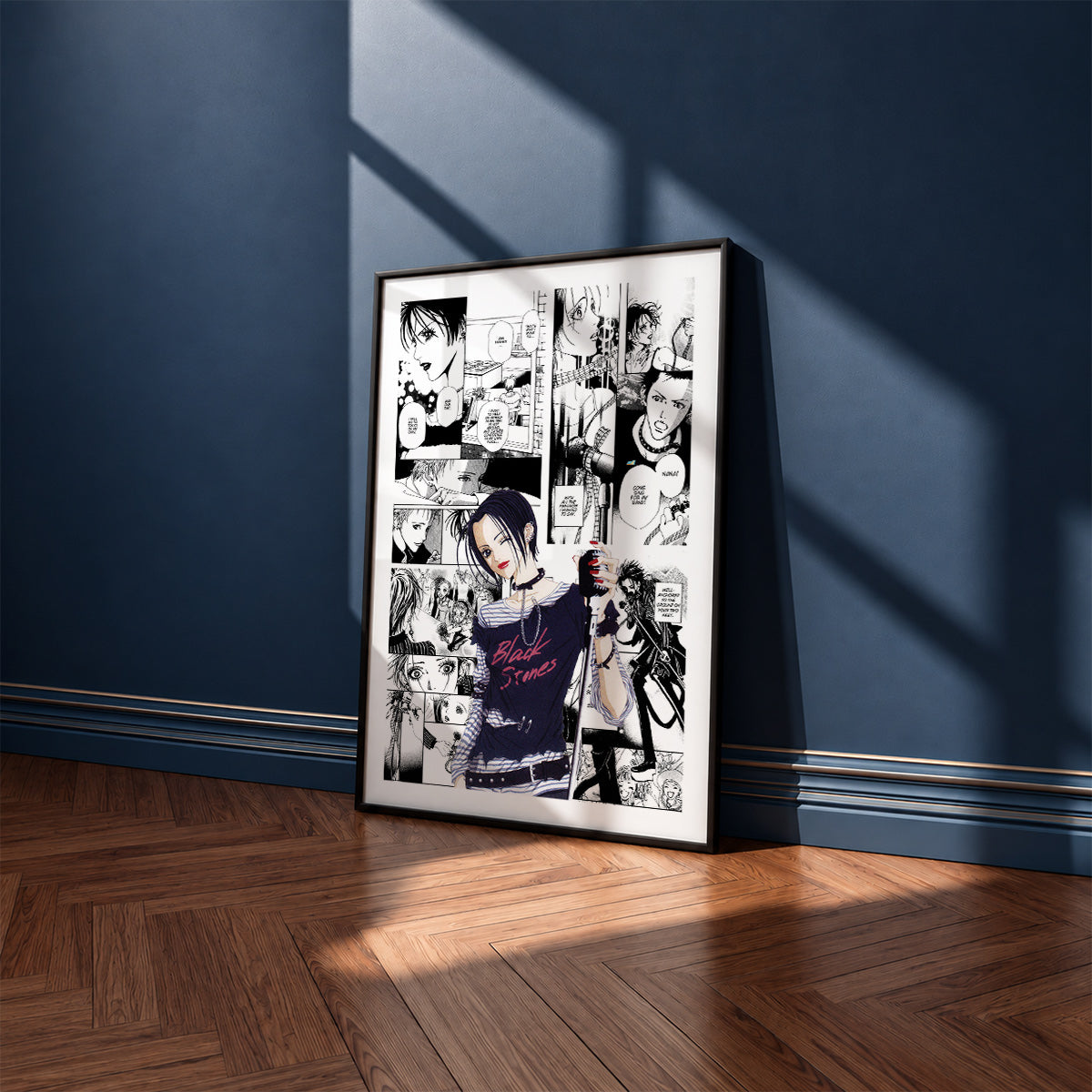 Nana Osaki manga poster inspired by Nana in a black frame against a navy blue wall
