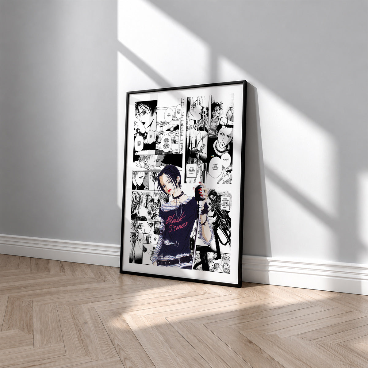 Nana Osaki manga poster inspired by Nana in a black frame against a light gray wall