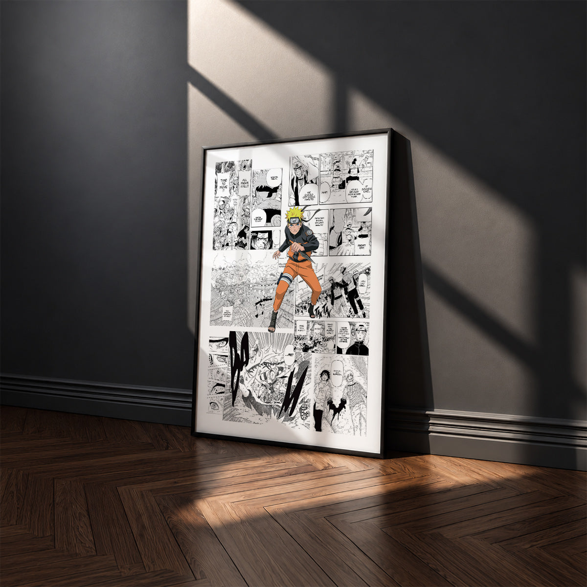 Naruto Uzumaki manga poster inspired by Naruto in a black frame against a charcoal gray wall