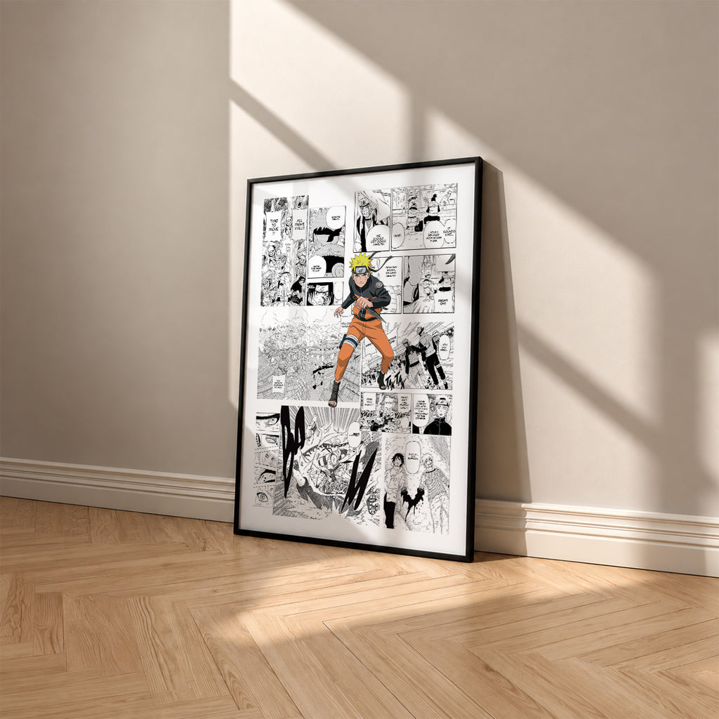 Naruto Uzumaki manga poster inspired by Naruto in a black frame against a warm beige wall