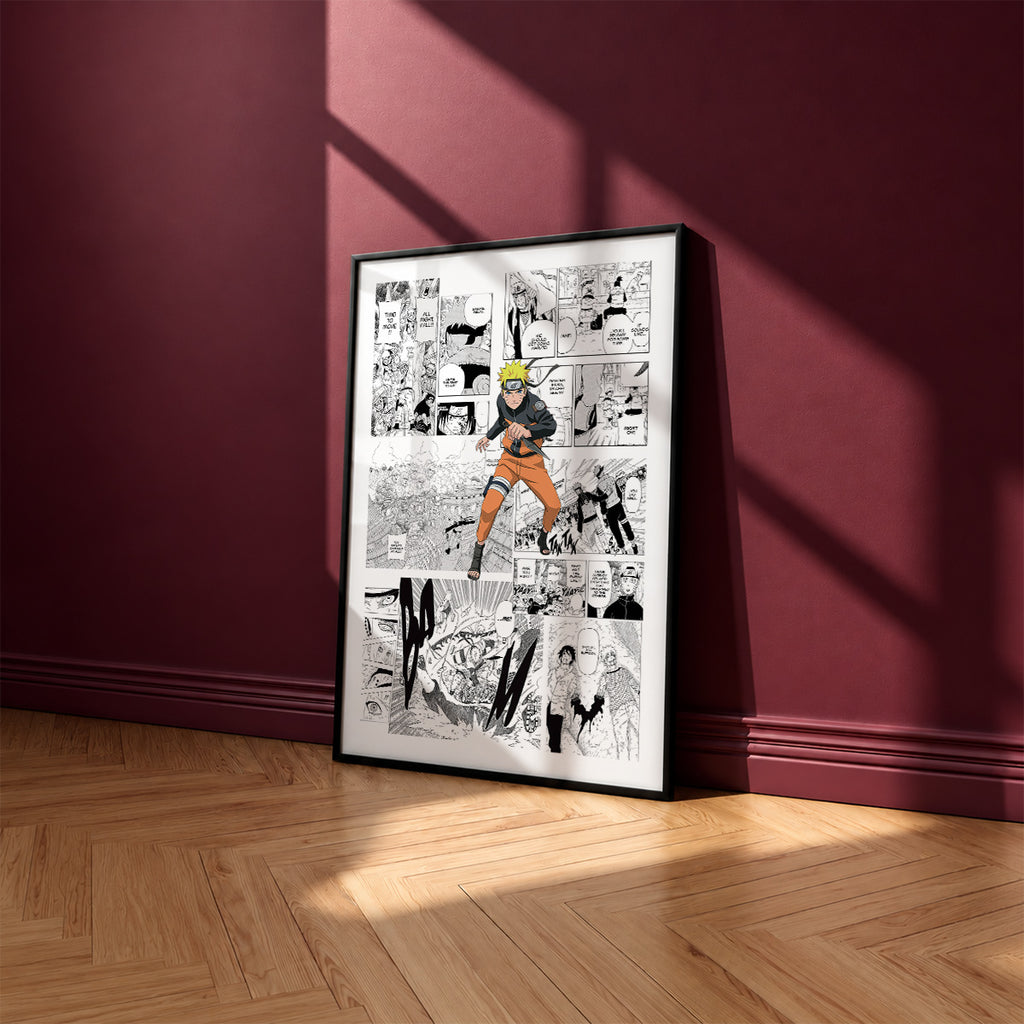 Naruto Uzumaki manga poster inspired by Naruto in a black frame against a burgundy wall