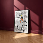 Naruto Uzumaki manga poster inspired by Naruto in a black frame against a burgundy wall