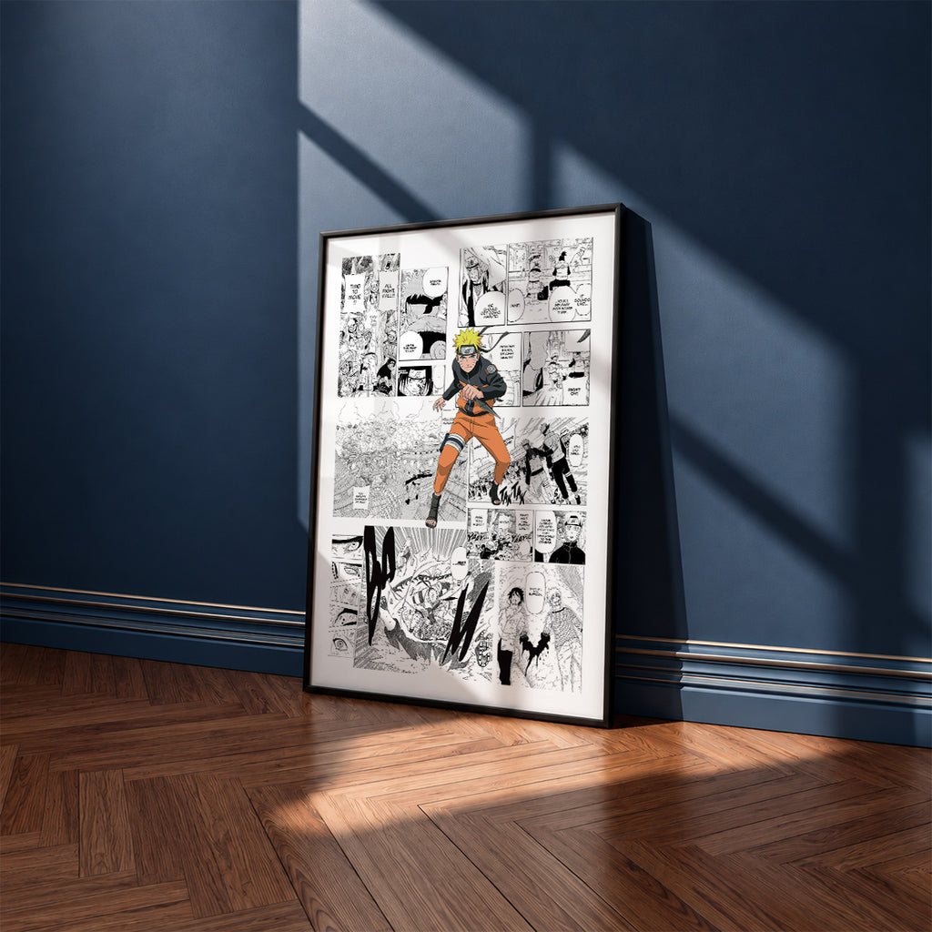 Naruto Uzumaki manga poster inspired by Naruto in a black frame against a navy blue wall