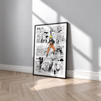 Naruto Uzumaki manga poster inspired by Naruto in a black frame against a light gray wall