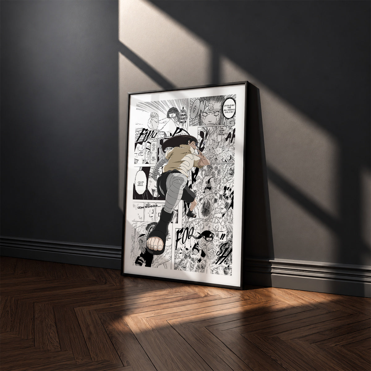 Neji Hyuga manga poster inspired by Naruto in a black frame against a charcoal gray wall