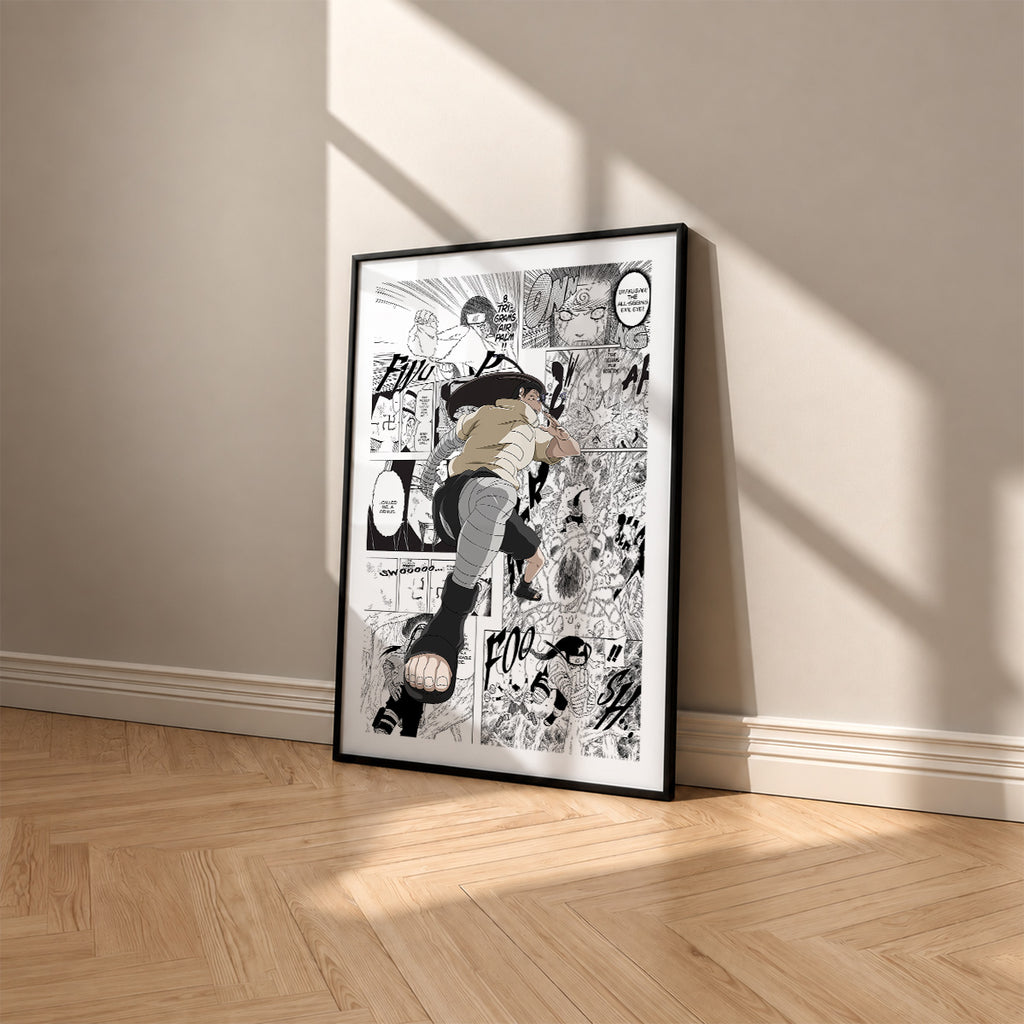 Neji Hyuga manga poster inspired by Naruto in a black frame against a warm beige wall