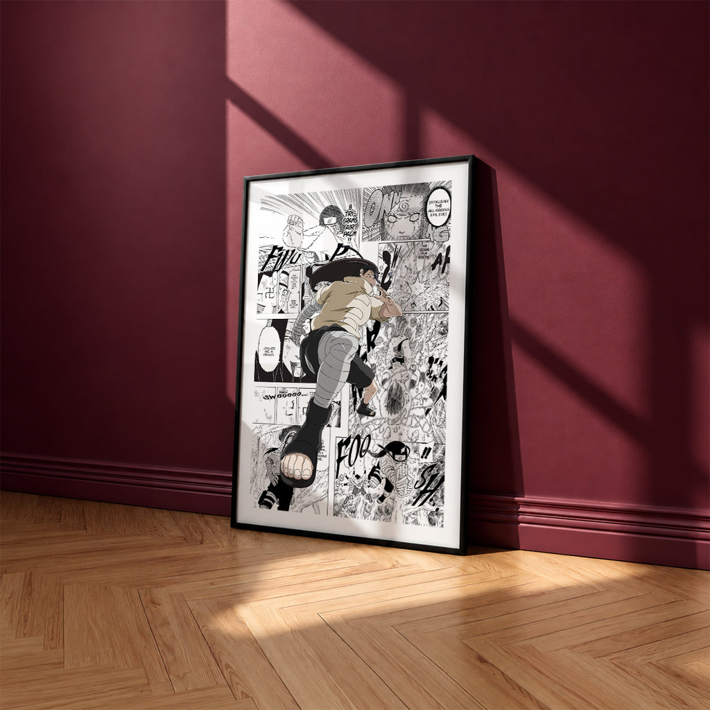 Neji Hyuga manga poster inspired by Naruto in a black frame against a burgundy wall