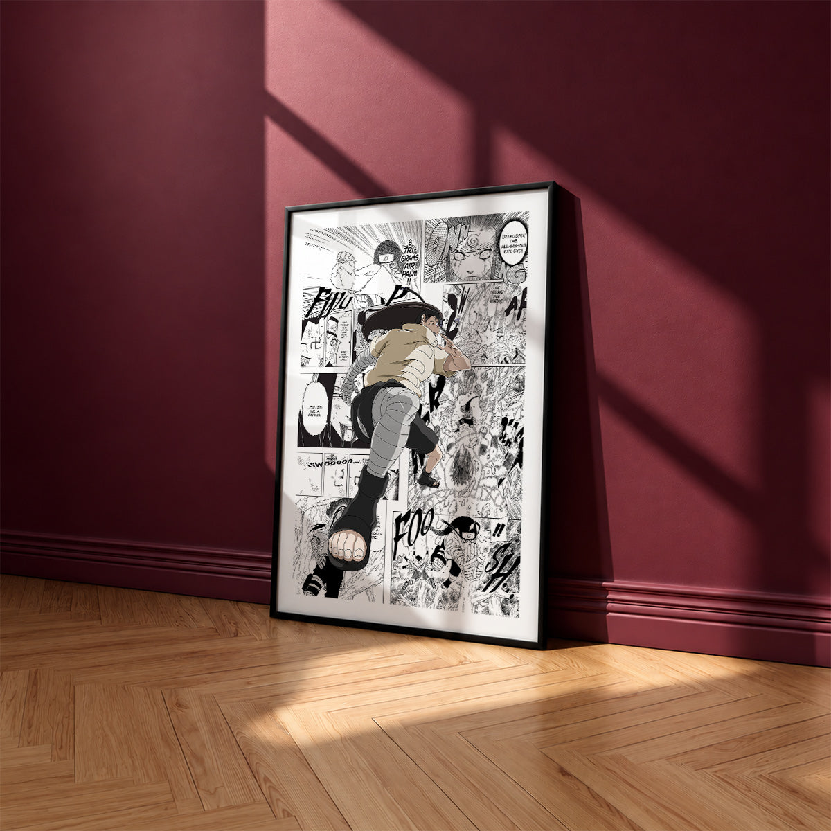 Neji Hyuga manga poster inspired by Naruto in a black frame against a burgundy wall