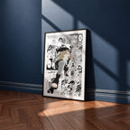 Neji Hyuga manga poster inspired by Naruto in a black frame against a navy blue wall