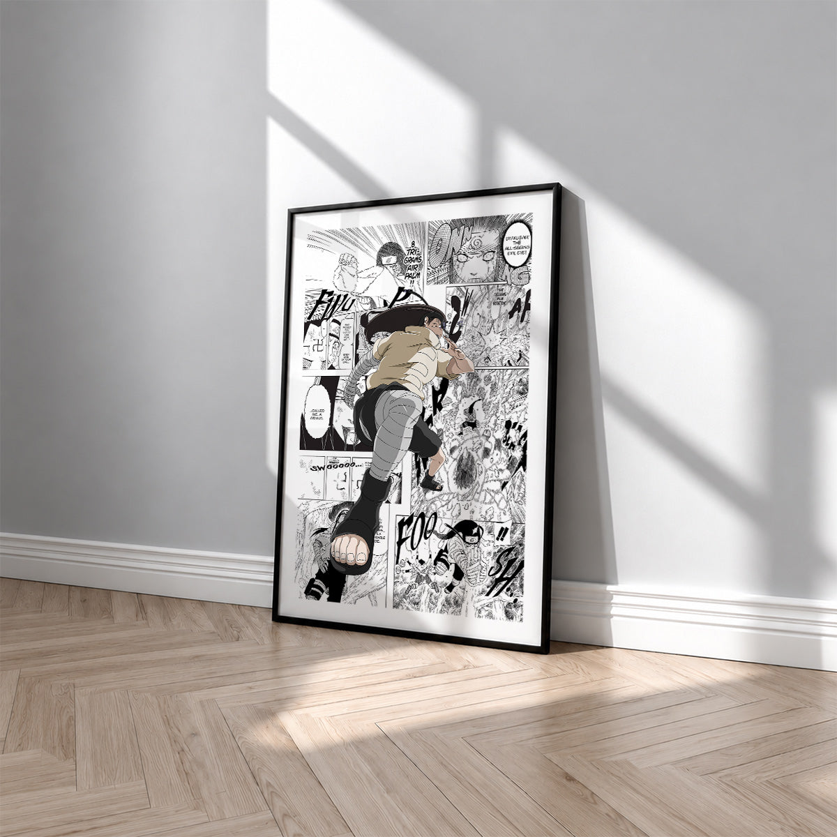 Neji Hyuga manga poster inspired by Naruto in a black frame against a light gray wall