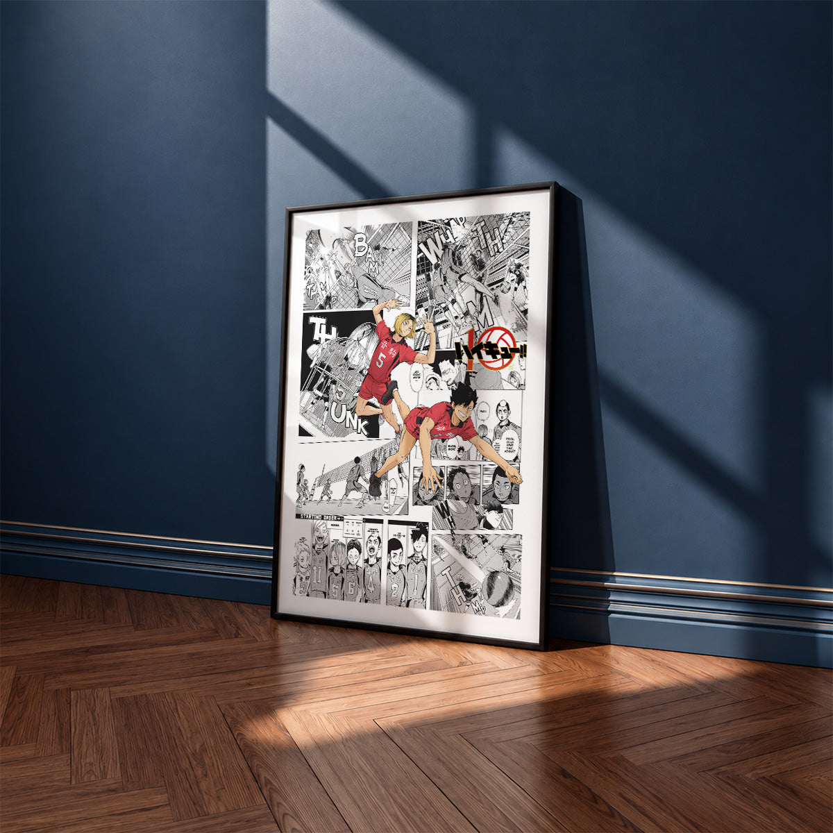 Nekoma High manga poster inspired by Haikyu!! in a black frame against a navy blue wall