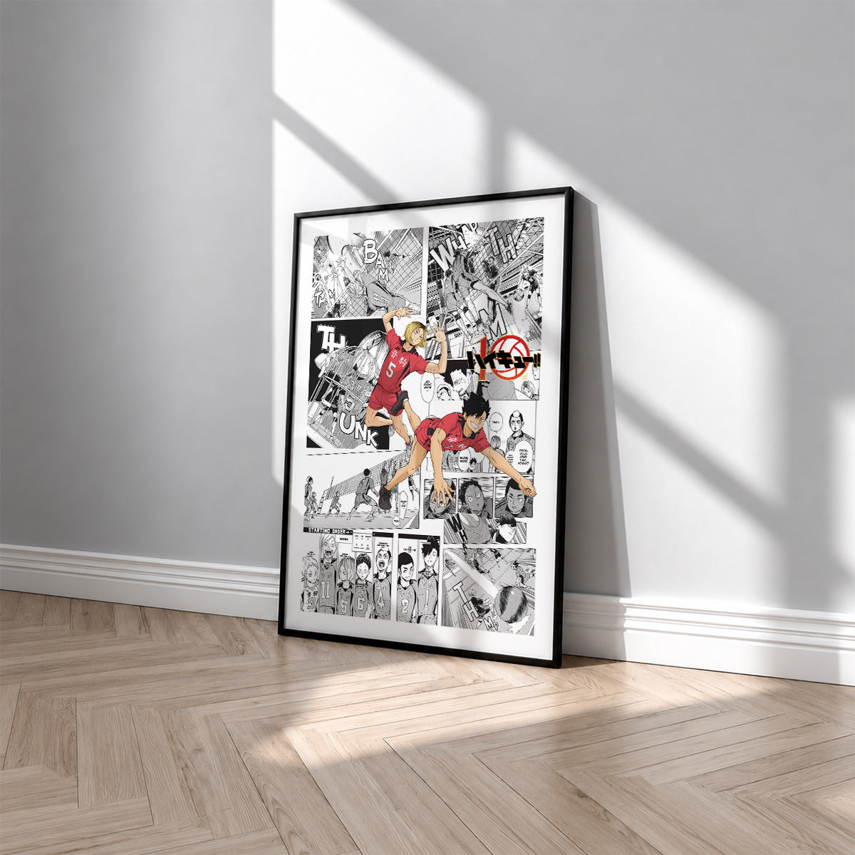 Nekoma High manga poster inspired by Haikyu!! in a black frame against a light gray wall