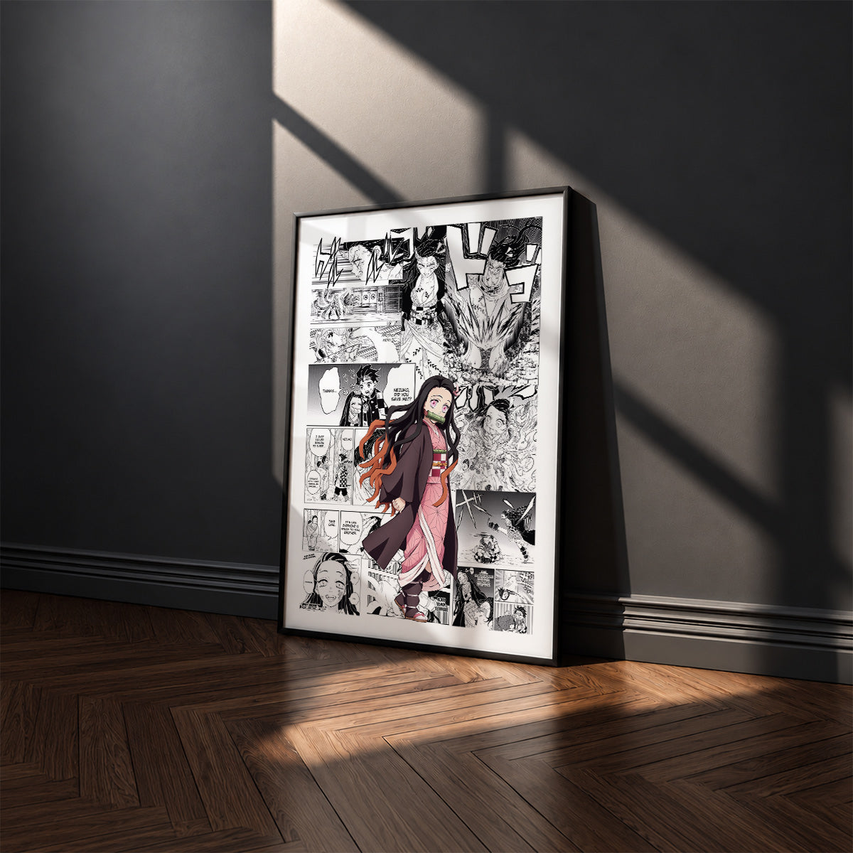 Nezuko Kamado manga poster inspired by Demon Slayer in a black frame against a charcoal gray wall