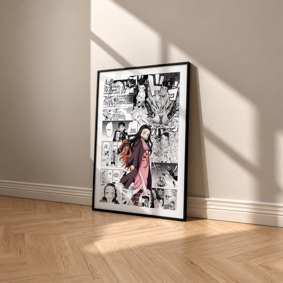 Nezuko Kamado manga poster inspired by Demon Slayer in a black frame against a warm beige wall