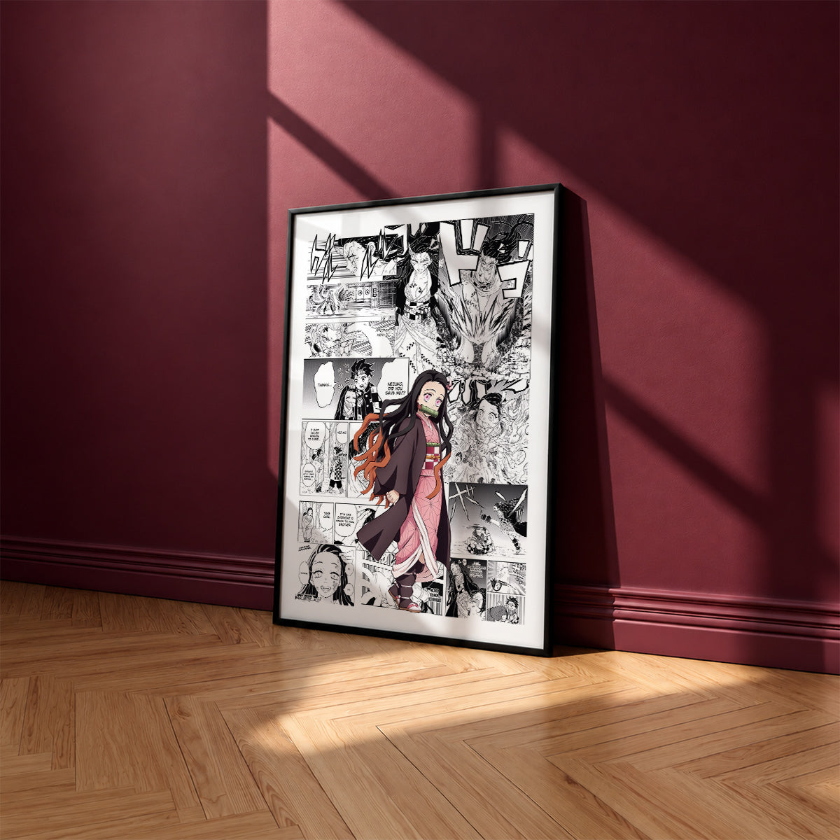 Nezuko Kamado manga poster inspired by Demon Slayer in a black frame against a burgundy wall