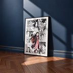 Nezuko Kamado manga poster inspired by Demon Slayer in a black frame against a navy blue wall