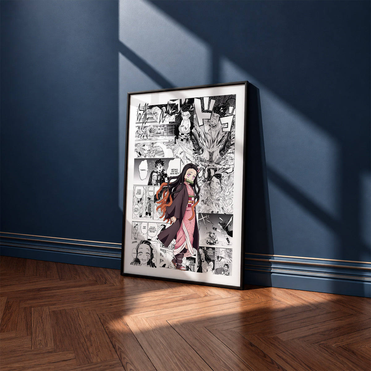 Nezuko Kamado manga poster inspired by Demon Slayer in a black frame against a navy blue wall