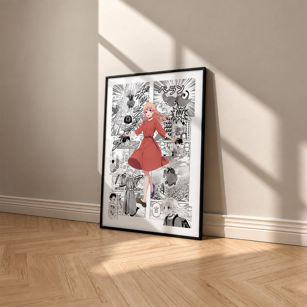 Nico Wakatsuki manga poster inspired by Witch Watch in a black frame against a warm beige wall