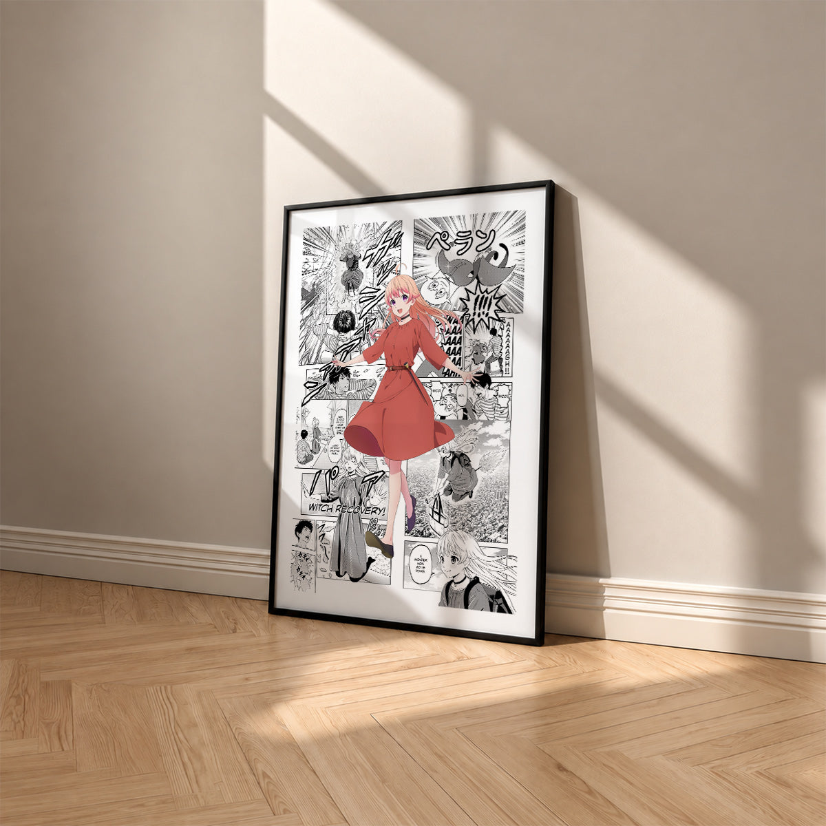 Nico Wakatsuki manga poster inspired by Witch Watch in a black frame against a warm beige wall