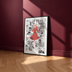 Nico Wakatsuki manga poster inspired by Witch Watch in a black frame against a burgundy wall